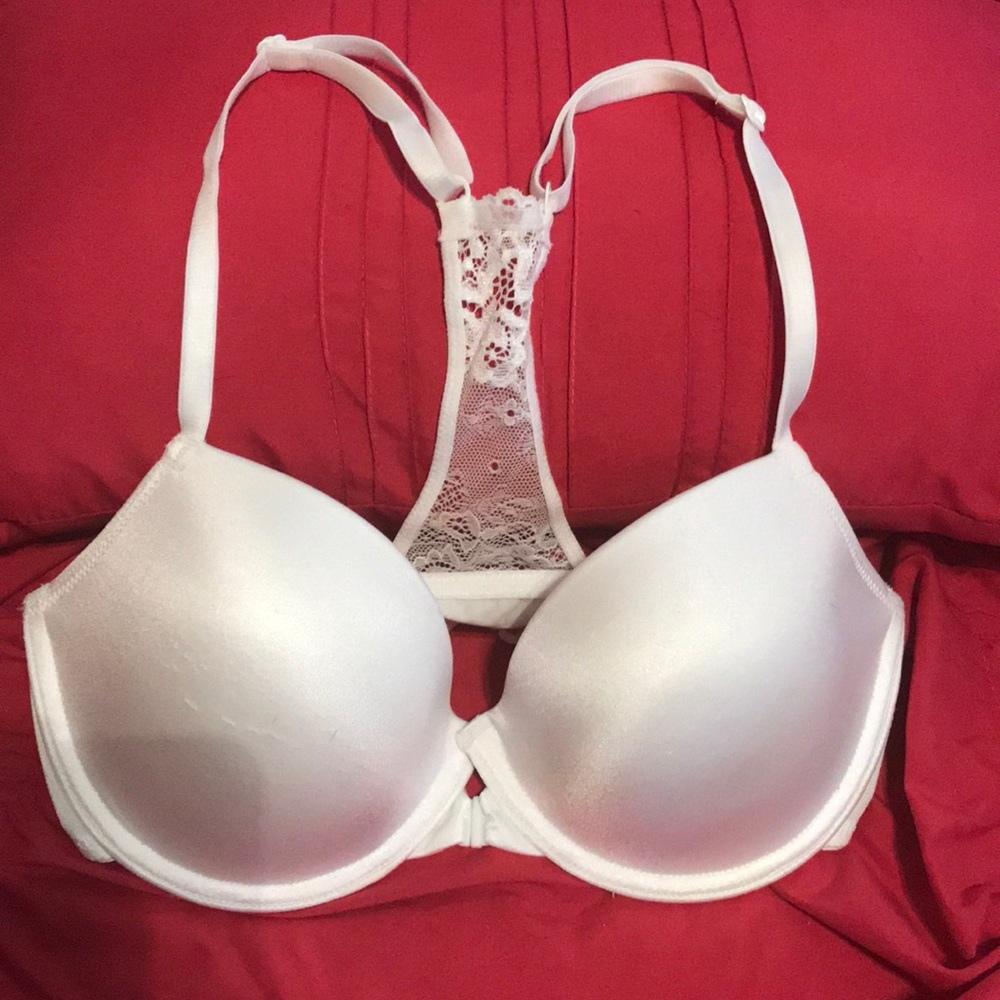 White, push-up, lace racer back bra.